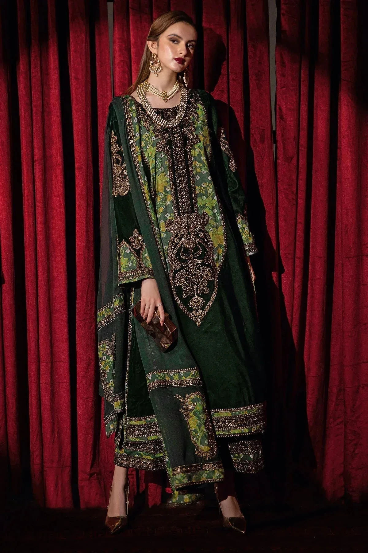 Charizma Signora Velvet Bottle Green Chiffon – view 1 – Poshaq
