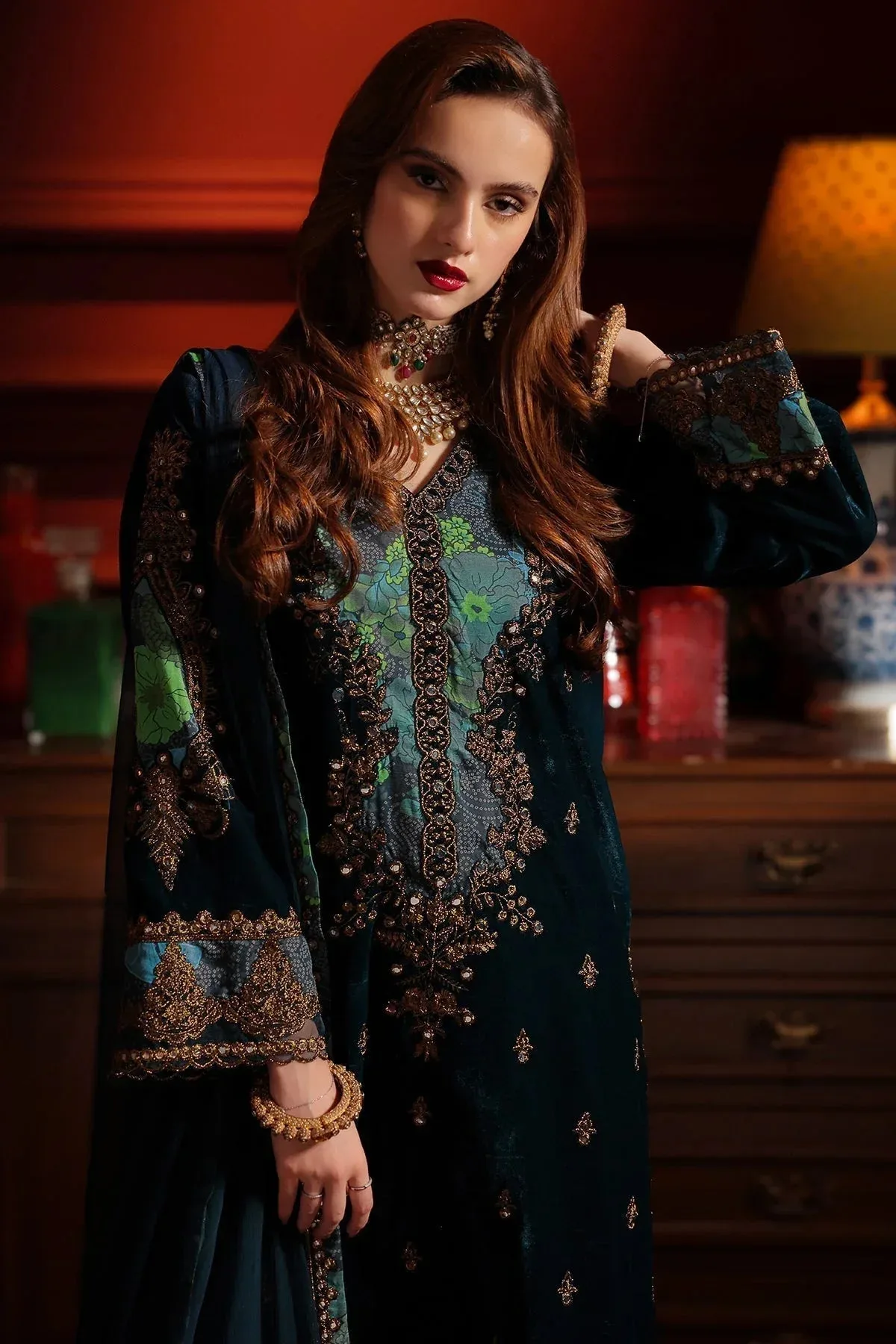 Charizma Signora Velvet Bottle Green Chiffon – view 2 – Poshaq