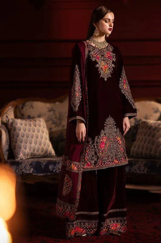 Charizma Signora Velvet Dark Maroon Chiffon – view 1 – Poshaq