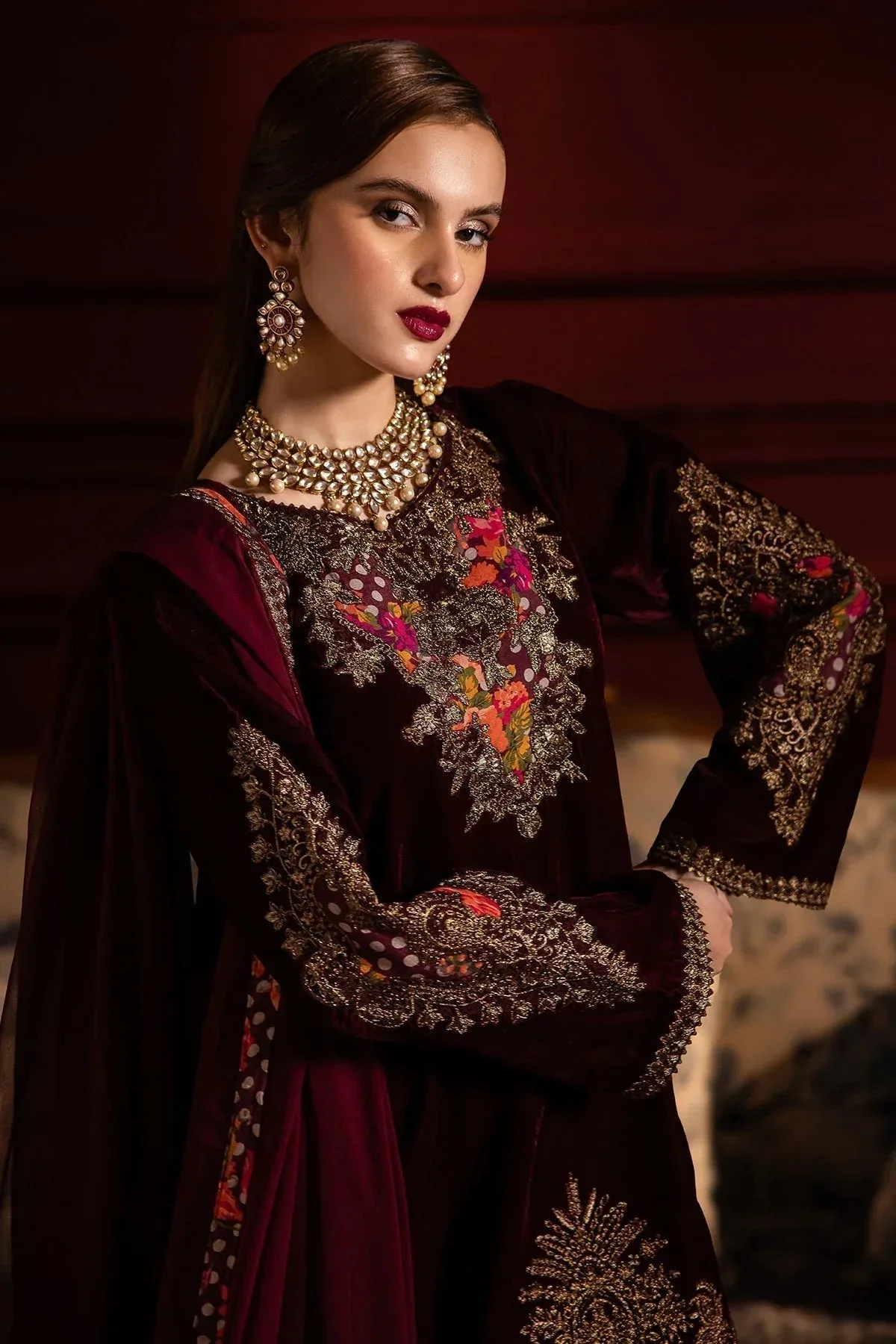 Charizma Signora Velvet Dark Maroon Chiffon – view 3 – Poshaq