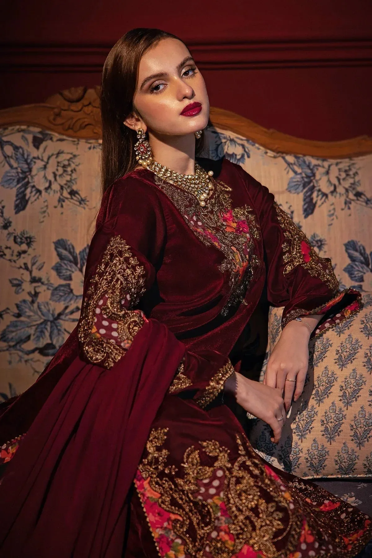 Charizma Signora Velvet Dark Maroon Chiffon – view 4 – Poshaq