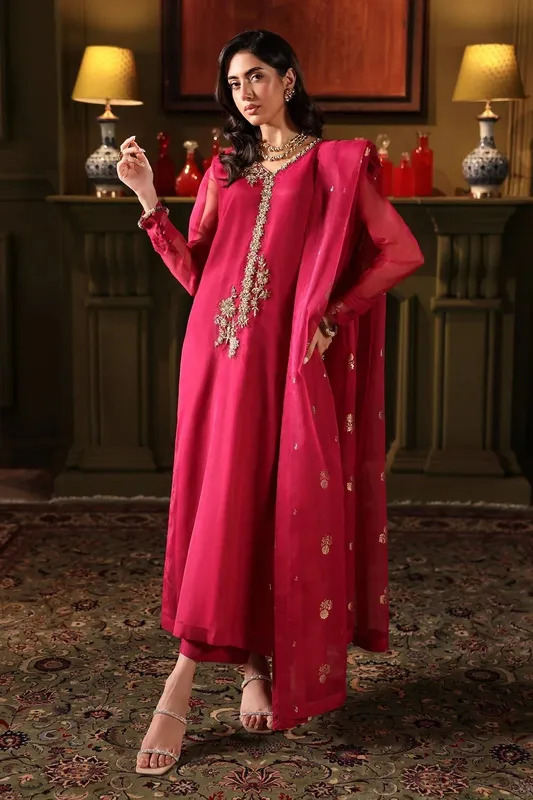 Charizma Festive Pret Pink Raw Silk – view 1 – Poshaq