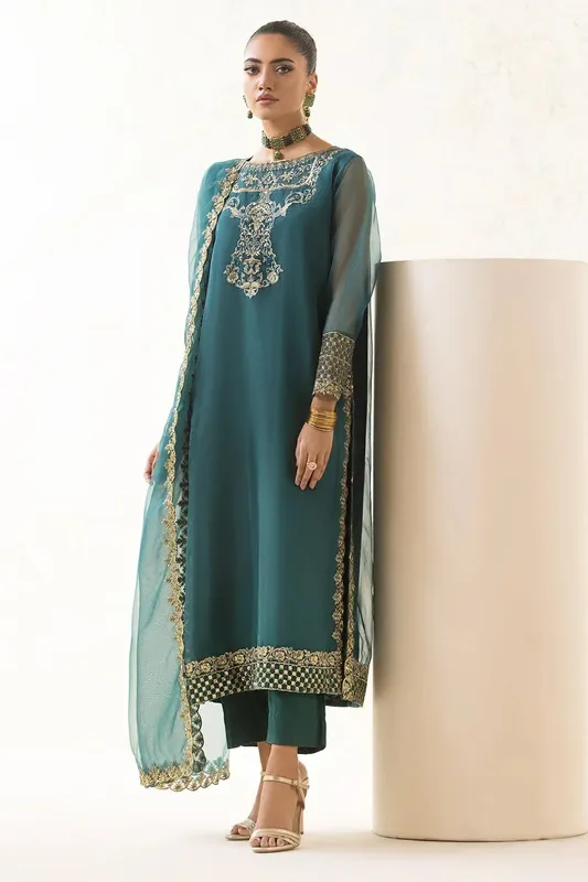 Charizma Festive Pret Teal Raw Silk – view 1 – Poshaq