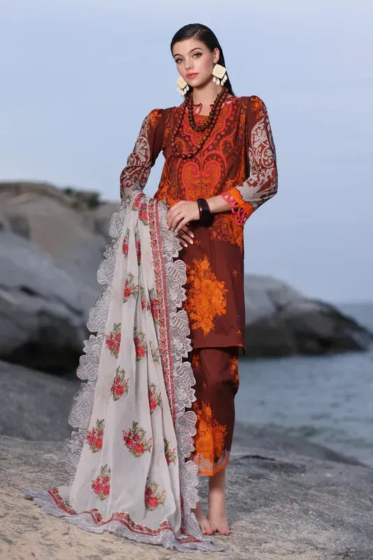 Charizma Print Melody Maroon Lawn – view 1 – Poshaq