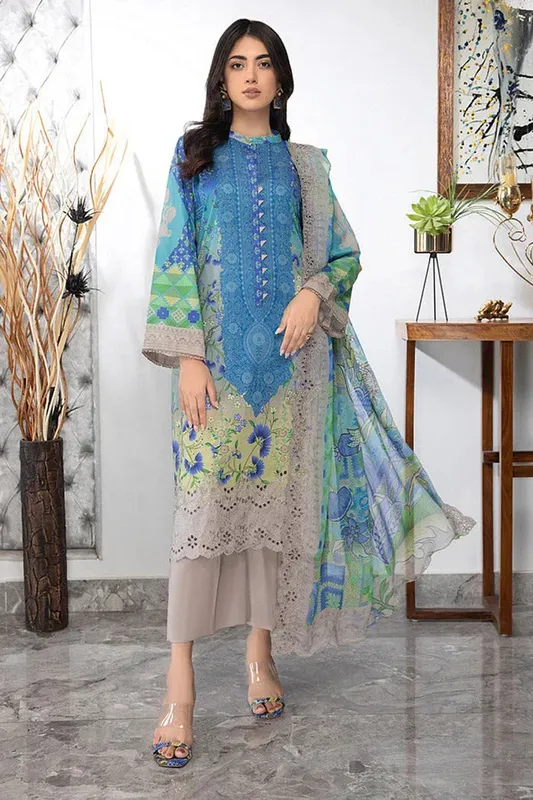 Charizma Combination Lawn Collection Blue Chiffon – view 1 – Poshaq