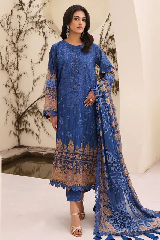 Blue chiffon lawn suit with embroidered detailing – view 1 – Poshaq