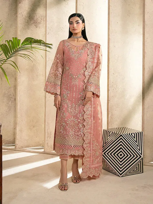 Gulaal Azira Luxury Formals Peach Pink Raw Silk – view 1 – Poshaq