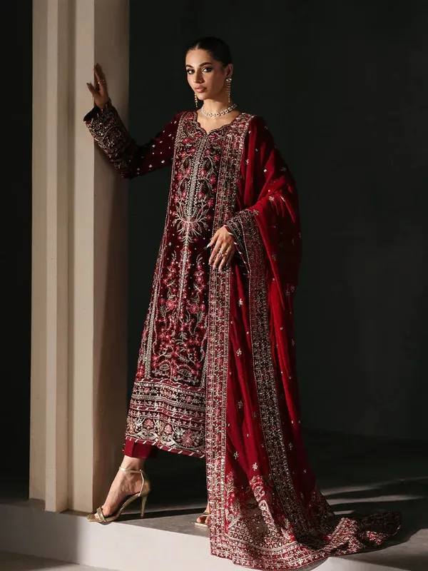 Gulaal Marais Velvet Maroon Raw Silk – view 1 – Poshaq