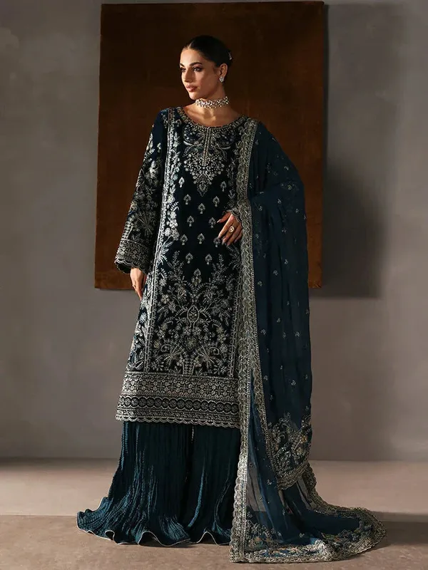 Gulaal Marais Velvet Dark Teal Blue Raw Silk – view 1 – Poshaq