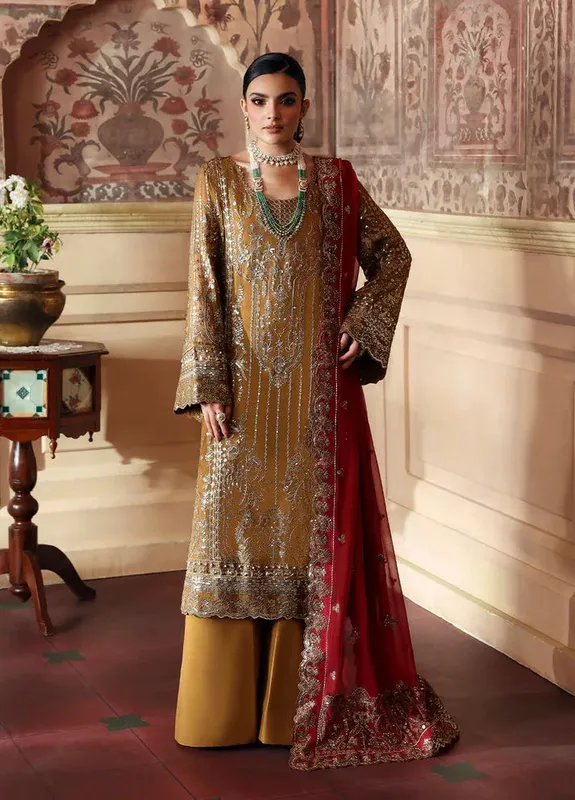 Gulaal I Evayna Embroidered Chiffon Dull Gold Raw Silk – view 1 – Poshaq