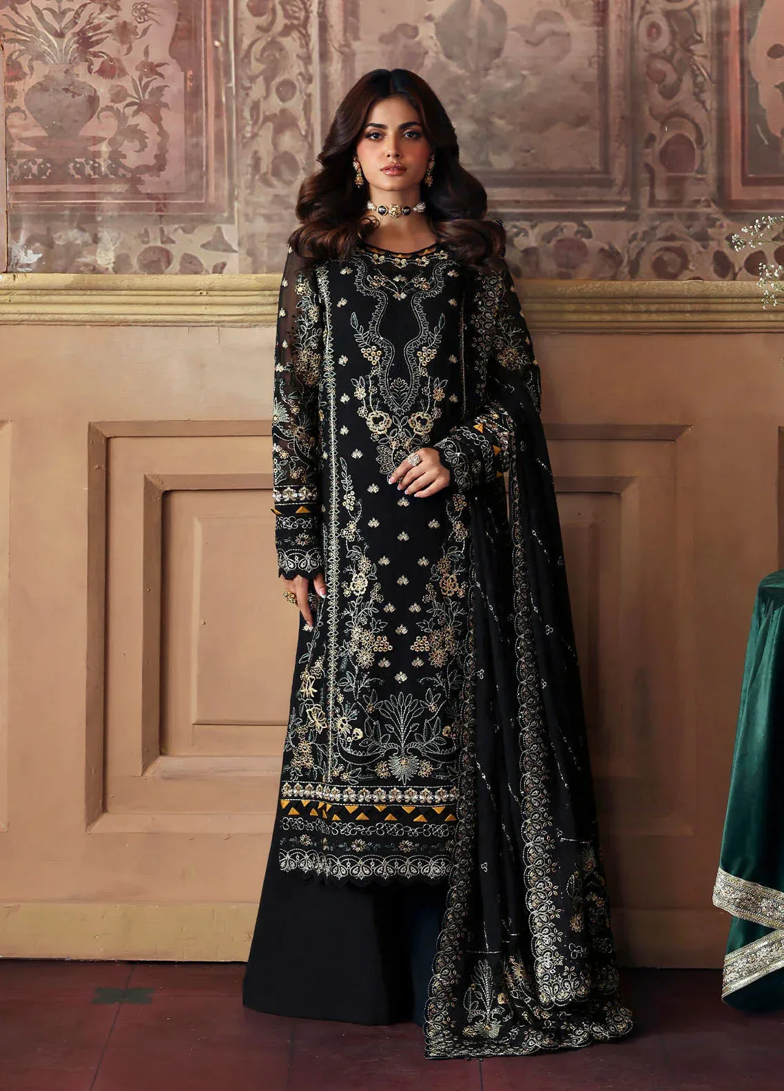 Gulaal I Evayna Embroidered Chiffon Black Raw Silk – view 1 – Poshaq