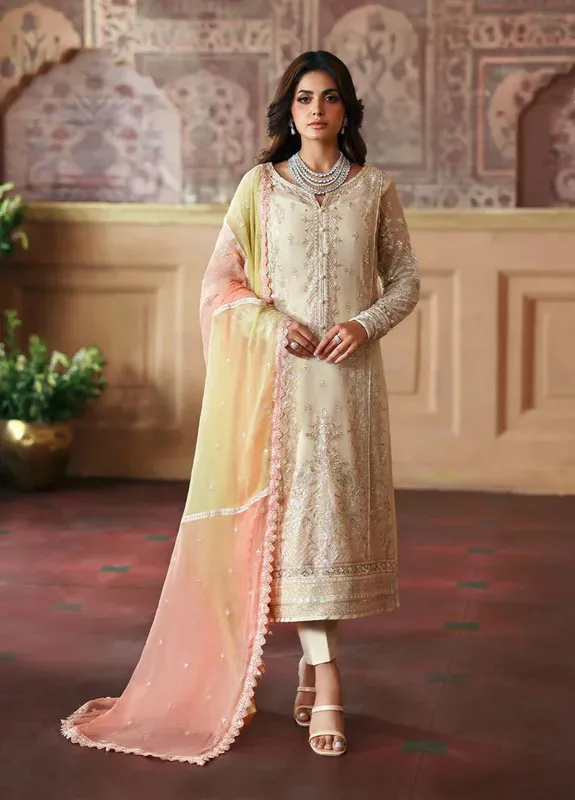 Gulaal I Evayna Embroidered Chiffon Ivory Raw Silk – view 1 – Poshaq