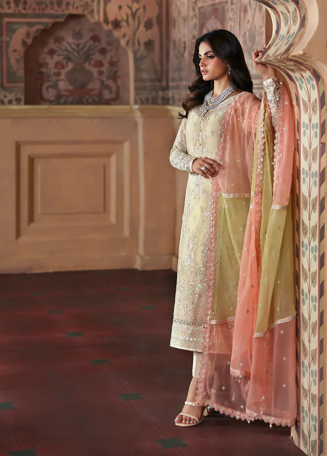 Gulaal I Evayna Embroidered Chiffon Ivory Raw Silk – view 3 – Poshaq