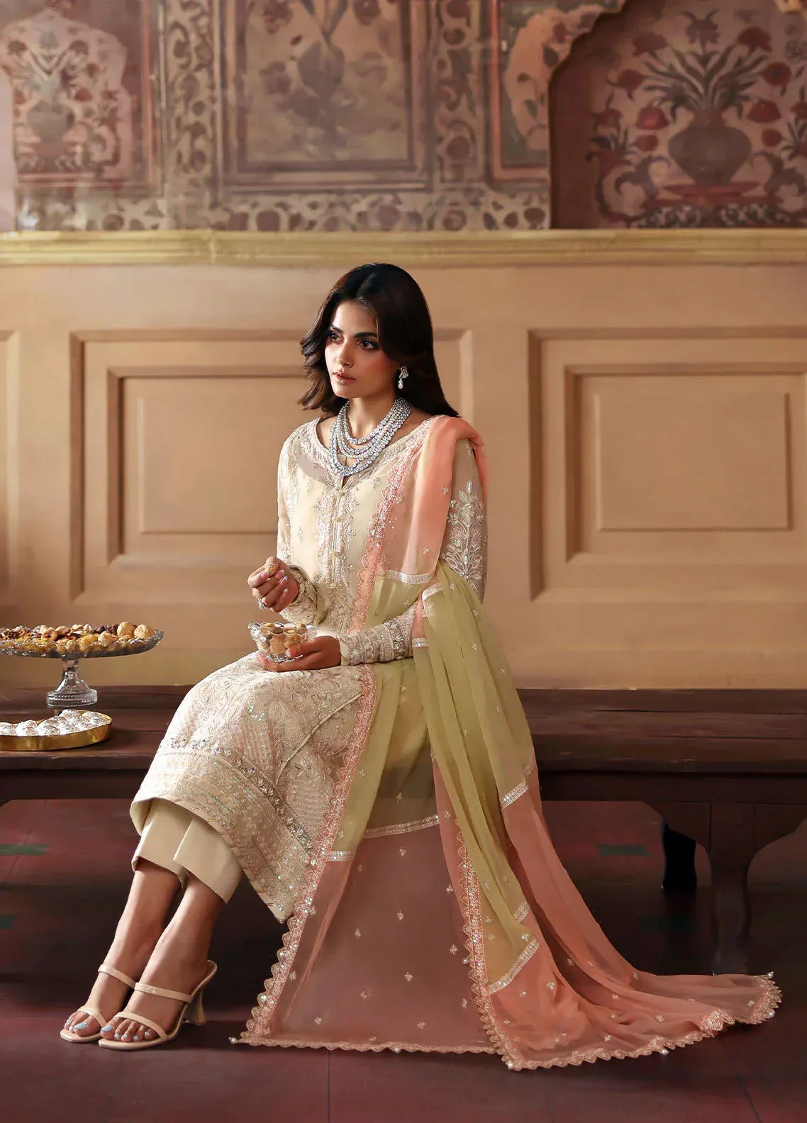 Gulaal I Evayna Embroidered Chiffon Ivory Raw Silk – view 5 – Poshaq