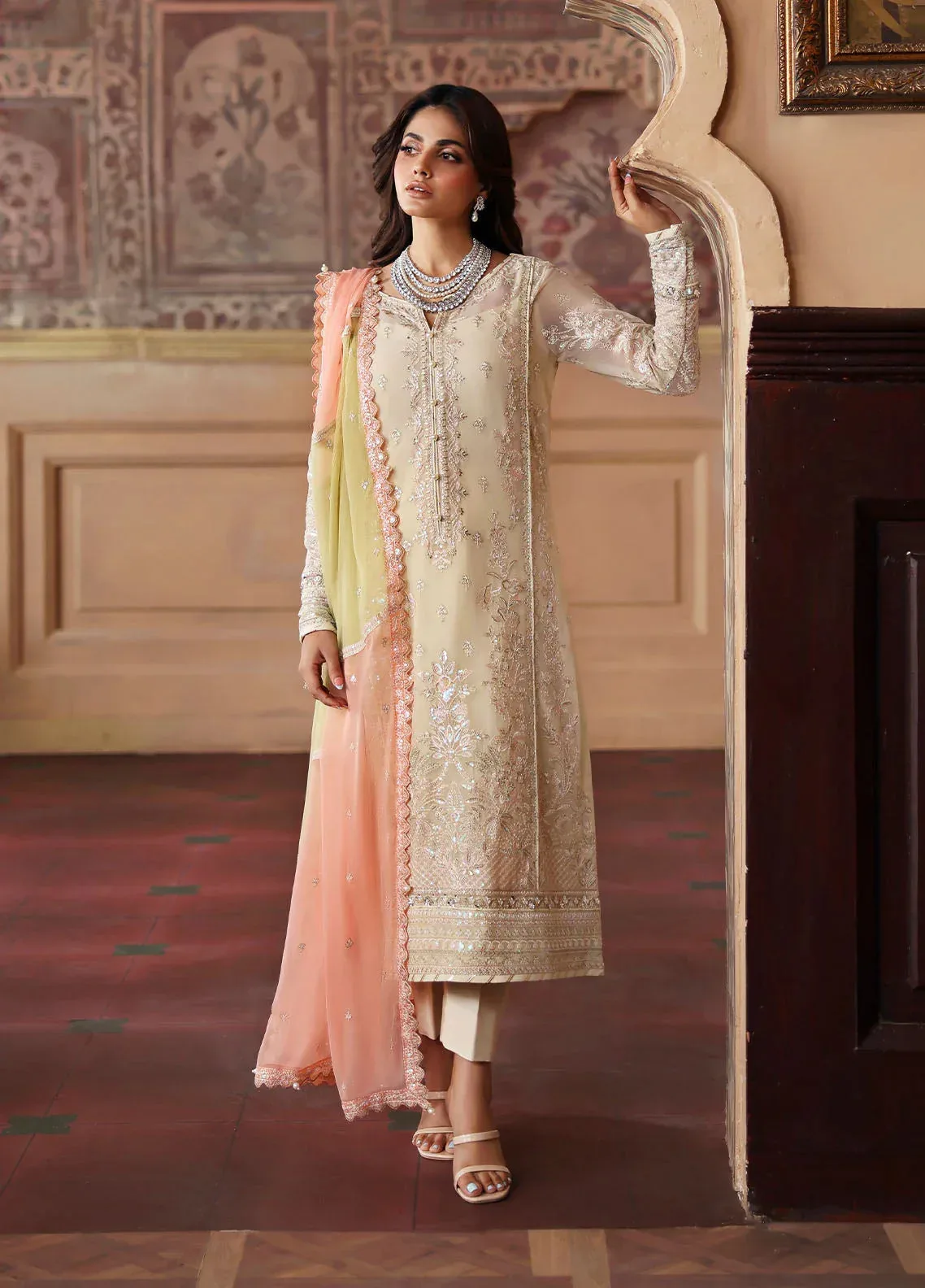 Gulaal I Evayna Embroidered Chiffon Ivory Raw Silk – view 6 – Poshaq