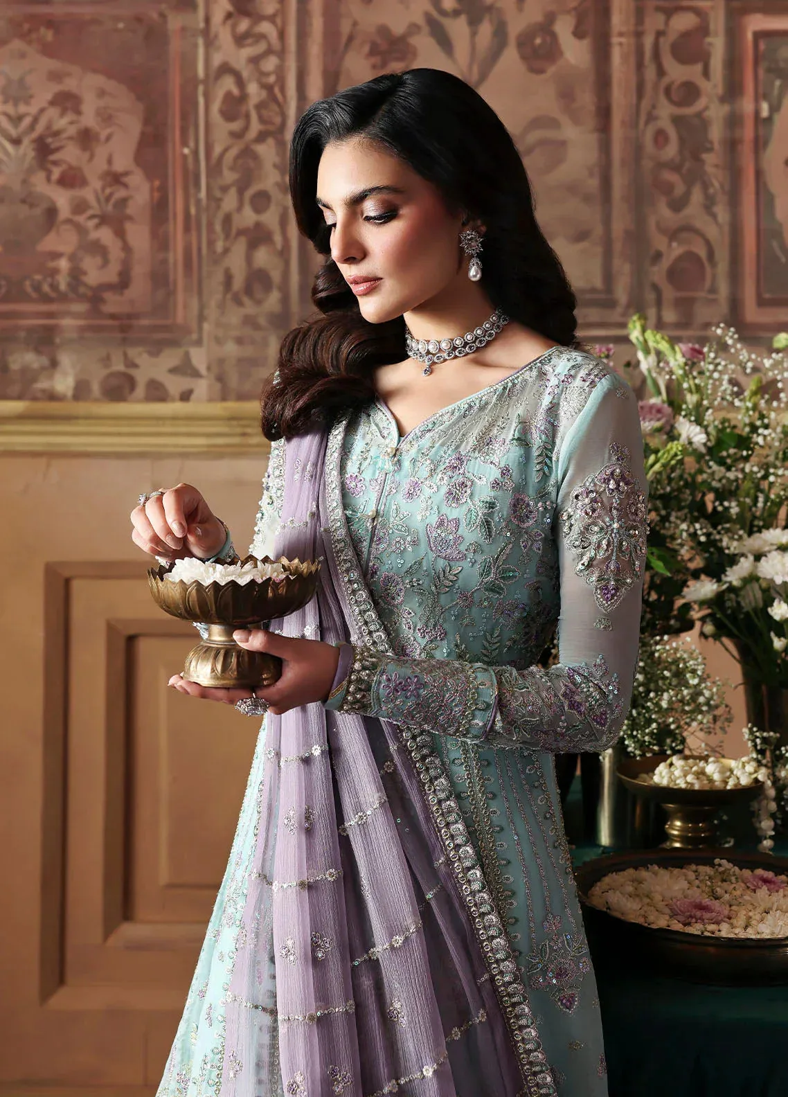 Gulaal I Evayna Embroidered Chiffon Aqua Ferozi Raw Silk – view 4 – Poshaq