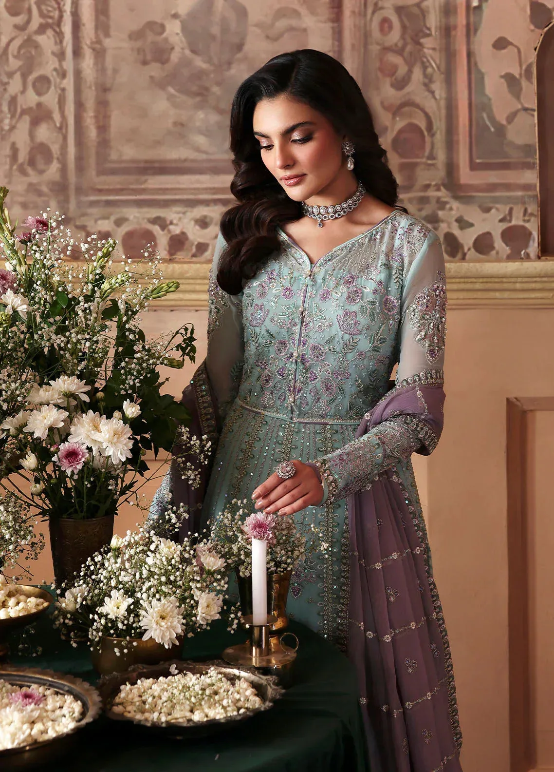 Gulaal I Evayna Embroidered Chiffon Aqua Ferozi Raw Silk – view 5 – Poshaq