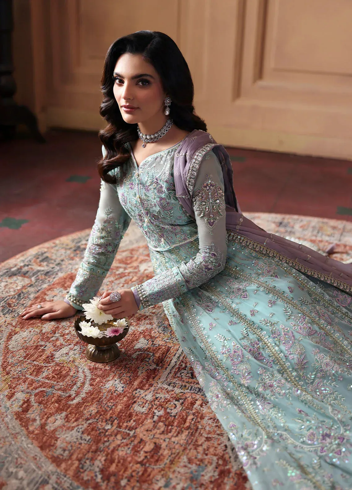 Gulaal I Evayna Embroidered Chiffon Aqua Ferozi Raw Silk – view 6 – Poshaq