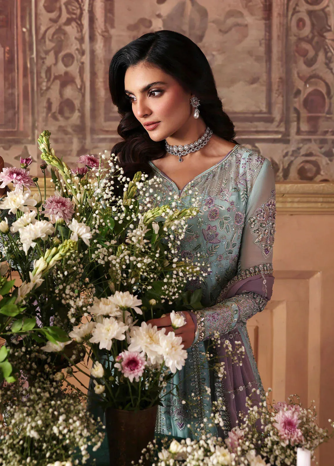 Gulaal I Evayna Embroidered Chiffon Aqua Ferozi Raw Silk – view 7 – Poshaq