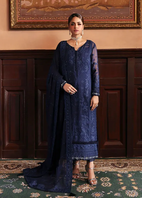 Gulaal I Evayna Embroidered Chiffon Blue Raw Silk – view 1 – Poshaq