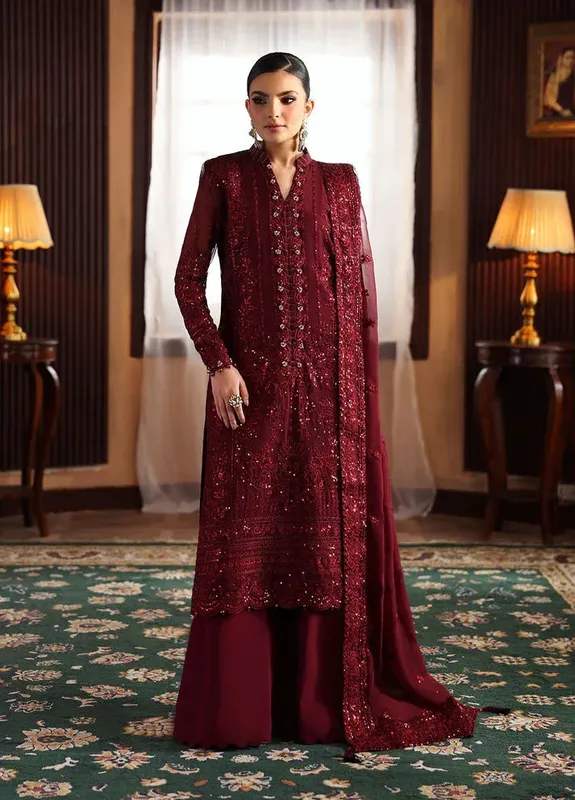 Gulaal I Evayna Embroidered Chiffon Maroon Raw Silk – view 1 – Poshaq