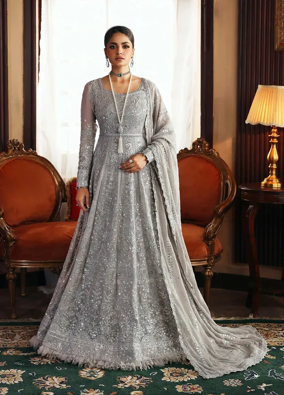 Gulaal I Evayna Embroidered Chiffon Grey Raw Silk – view 1 – Poshaq