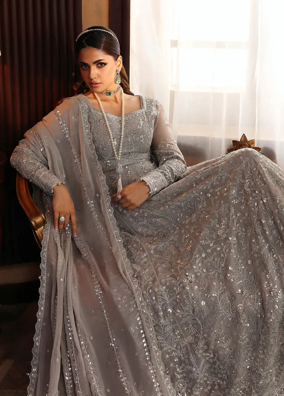 Gulaal I Evayna Embroidered Chiffon Grey Raw Silk – view 5 – Poshaq