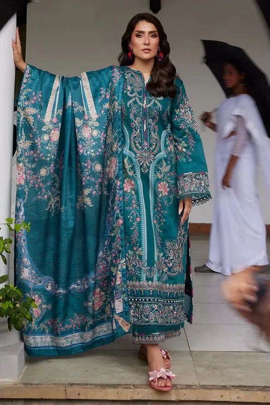 Gulaal Saffira Lawn 25 Teal Blue Organza – view 1 – Poshaq