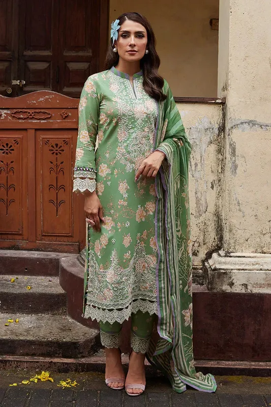 Gulaal Saffira Lawn 25 Greenish Brown Organza – view 1 – Poshaq
