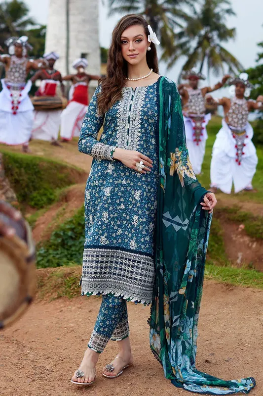 Gulaal Saffira Lawn 25 Teal Blue Organza – view 1 – Poshaq