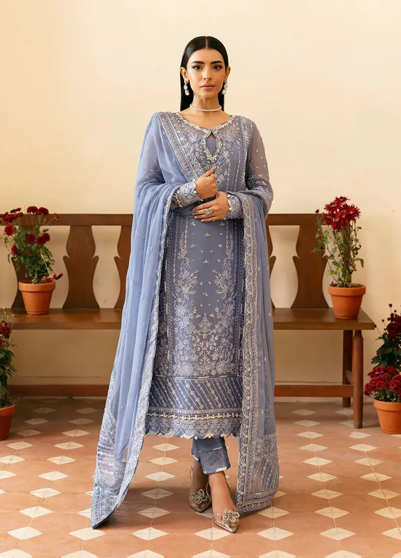 Gulaal Reverie Embroidered Chiffon Misty Blue Raw Silk – view 1 – Poshaq