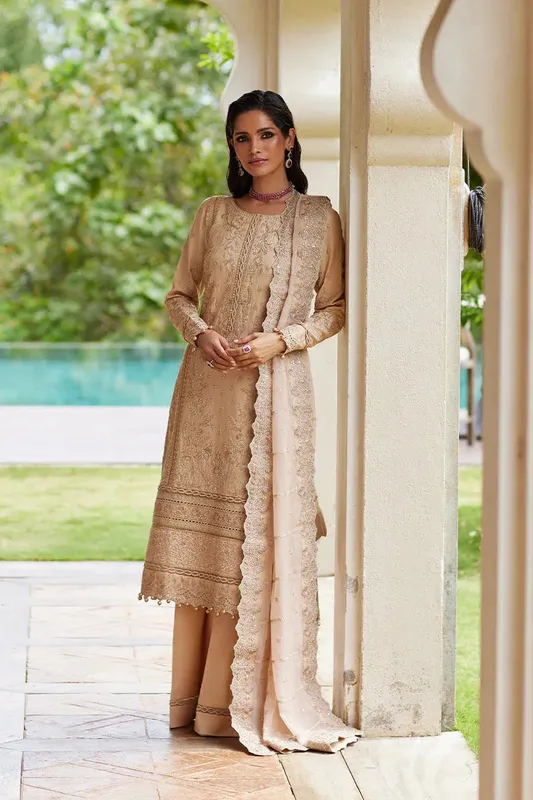 Gulaal Luxury Lawn 25 Beige Organza – view 1 – Poshaq