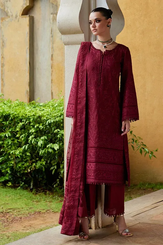 Gulaal Luxury Lawn 25 Maroon Organza – view 1 – Poshaq