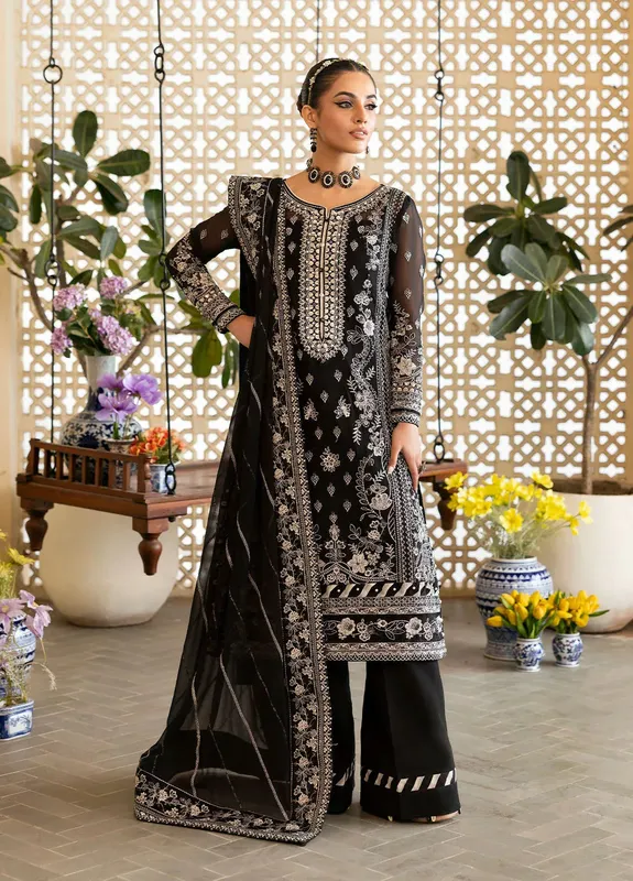Gulaal Reverie Embroidered Chiffon Black Raw Silk – view 1 – Poshaq