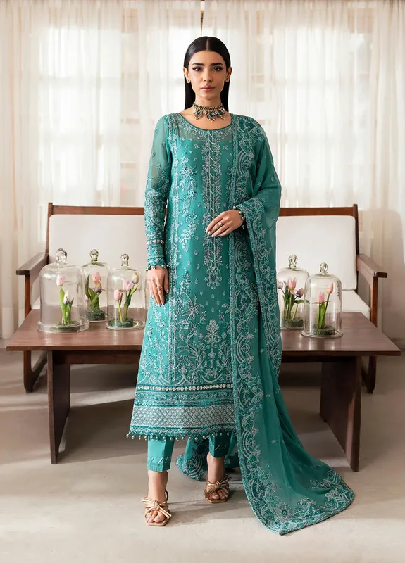 Gulaal Reverie Embroidered Chiffon Sea Green Raw Silk – view 1 – Poshaq