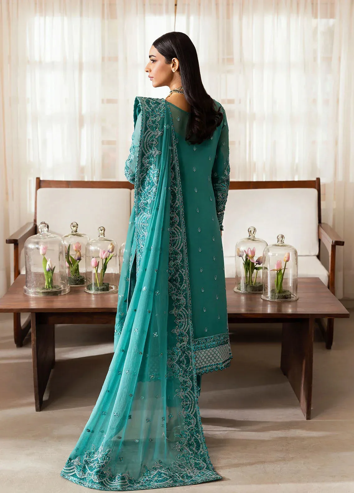 Gulaal Reverie Embroidered Chiffon Sea Green Raw Silk – view 2 – Poshaq