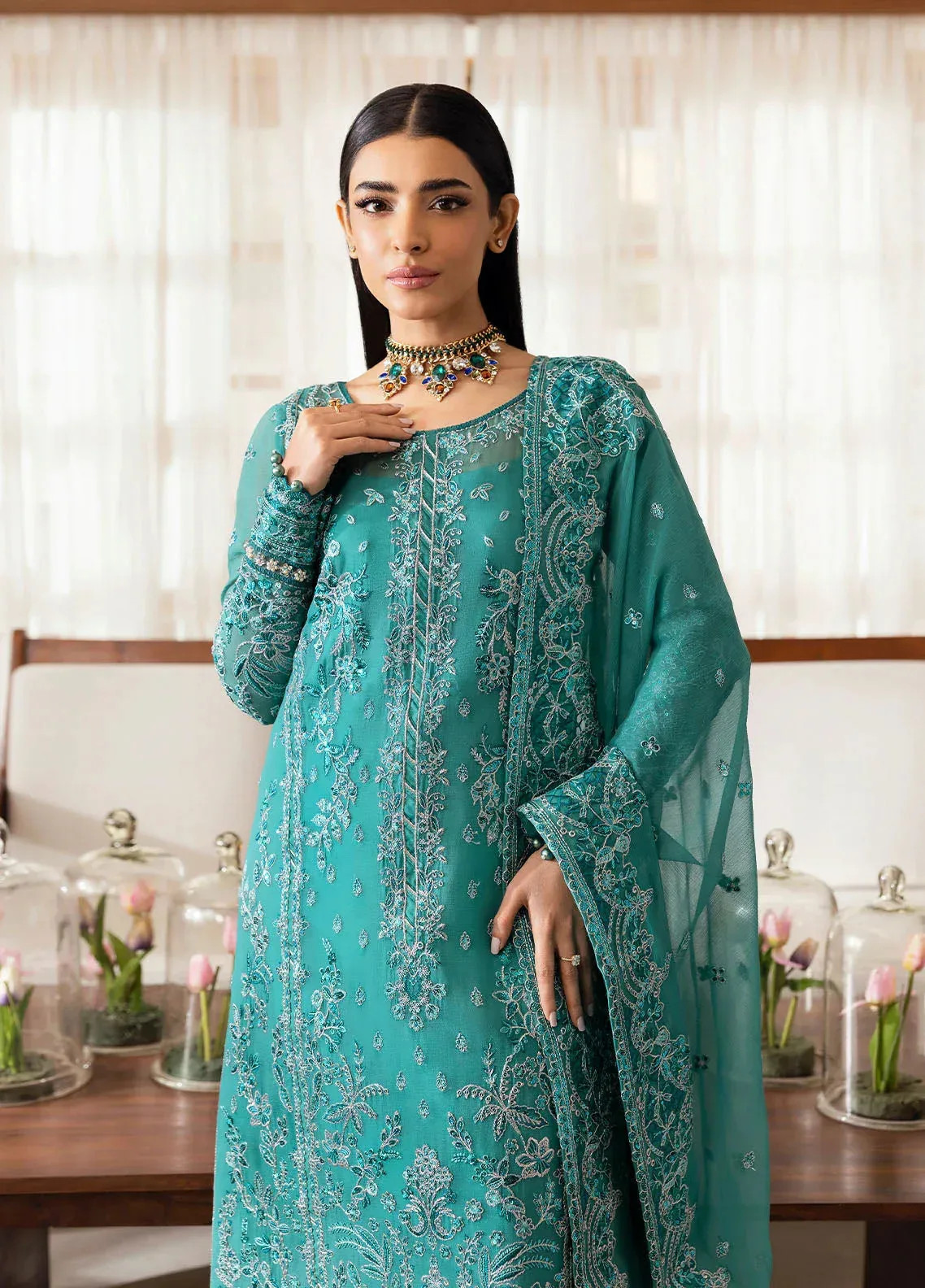 Gulaal Reverie Embroidered Chiffon Sea Green Raw Silk – view 3 – Poshaq