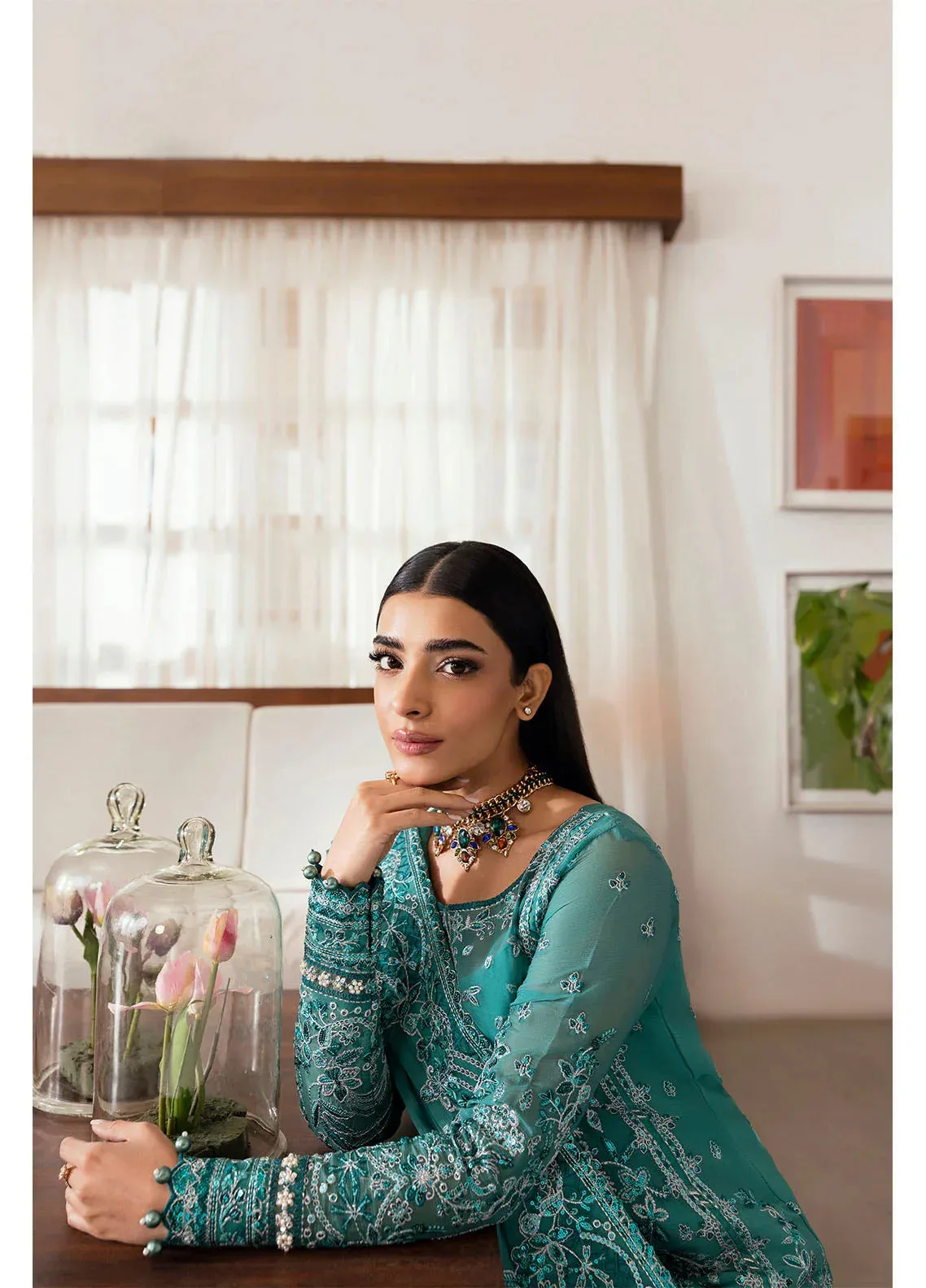 Gulaal Reverie Embroidered Chiffon Sea Green Raw Silk – view 4 – Poshaq