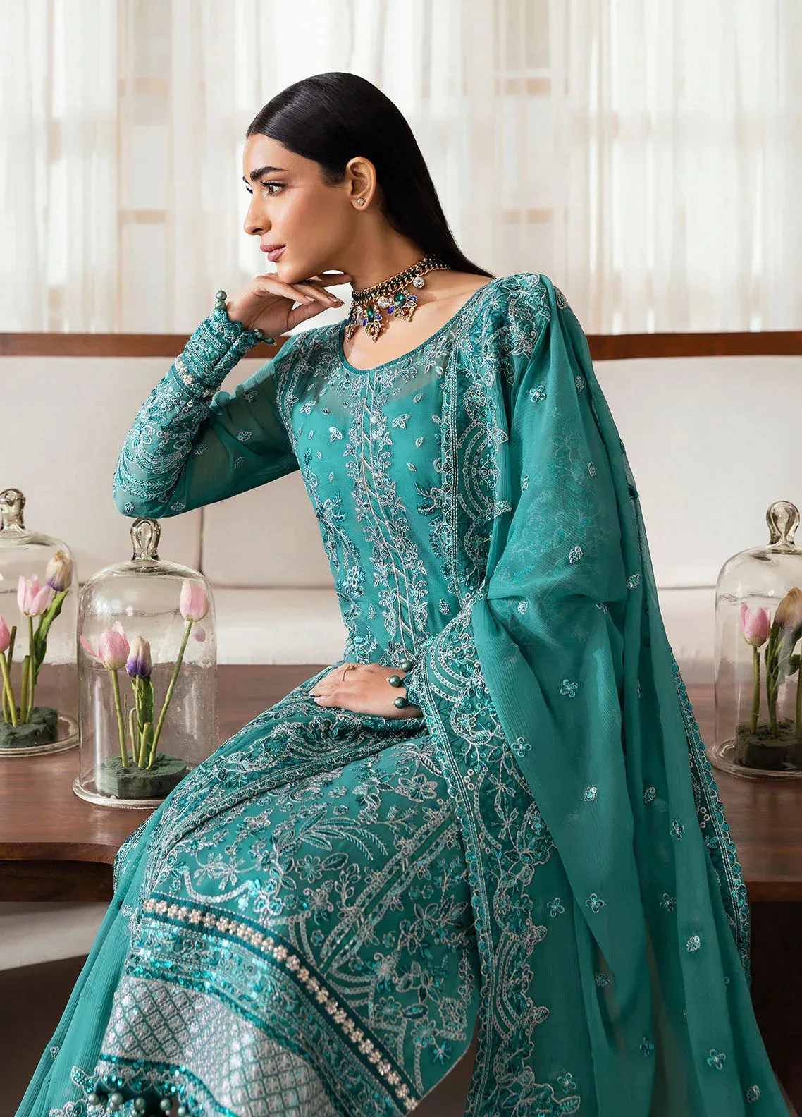 Gulaal Reverie Embroidered Chiffon Sea Green Raw Silk – view 5 – Poshaq