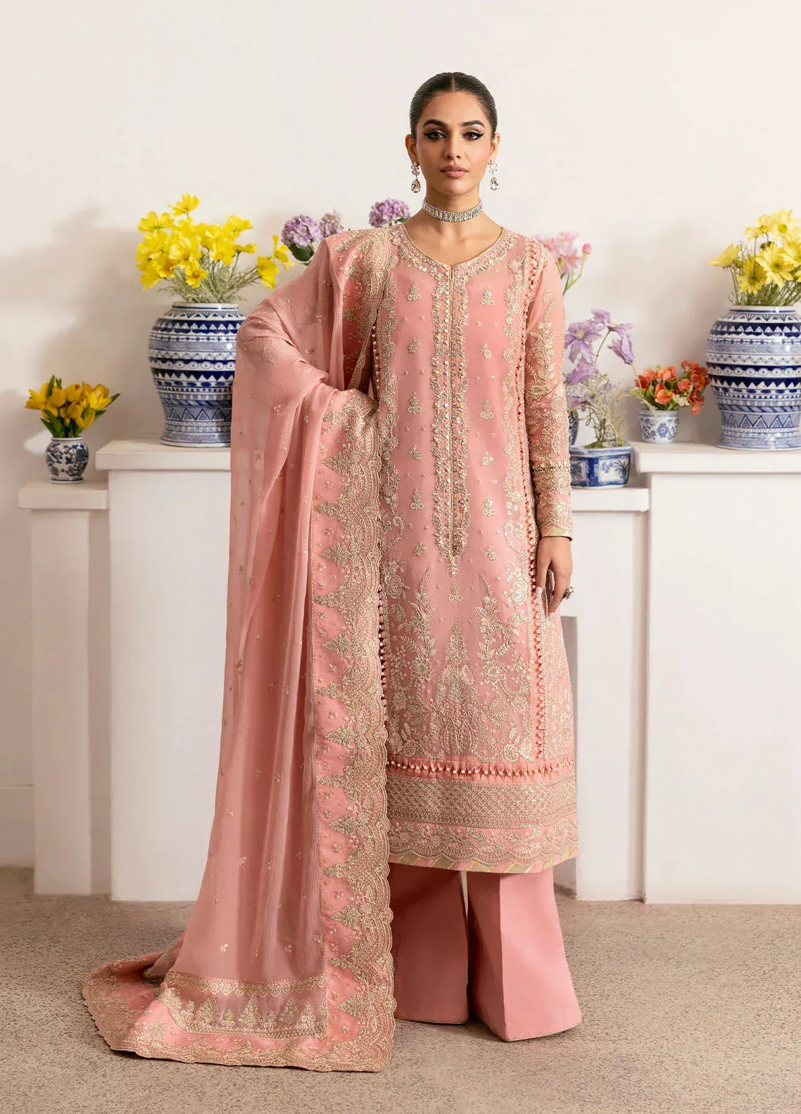 Gulaal Reverie Embroidered Chiffon Salmon Pink Raw Silk – view 1 – Poshaq
