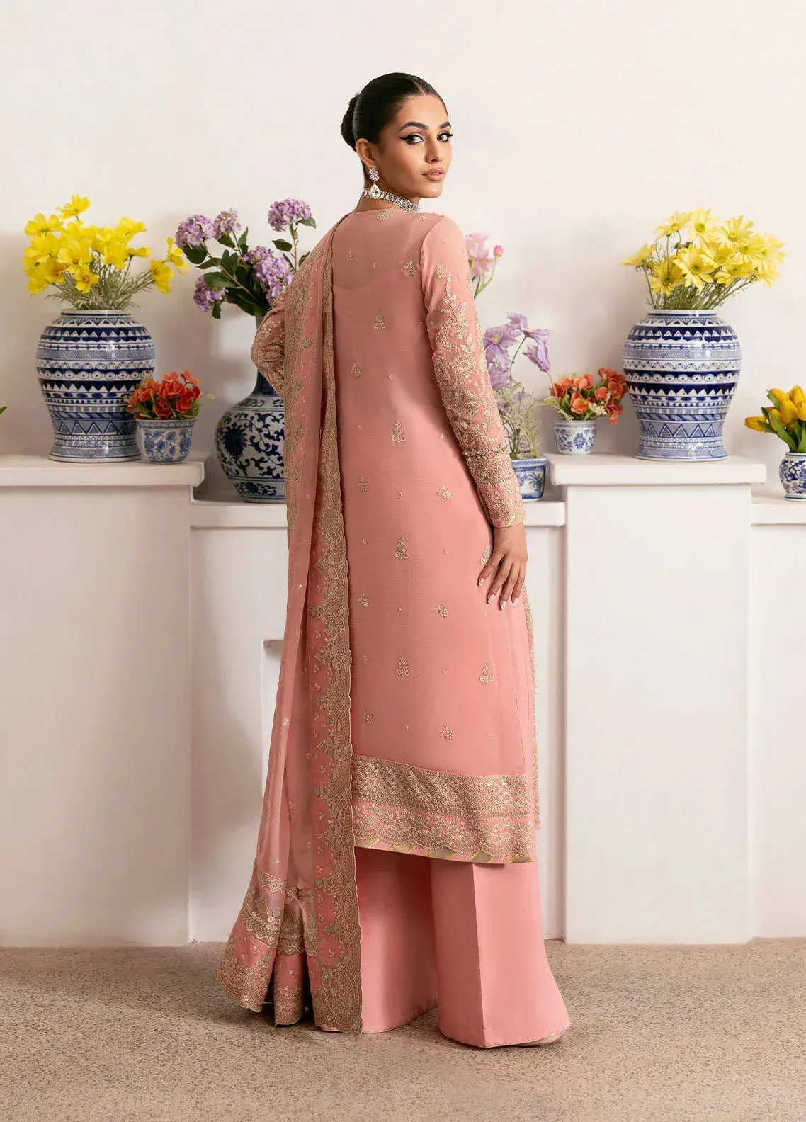 Gulaal Reverie Embroidered Chiffon Salmon Pink Raw Silk – view 2 – Poshaq