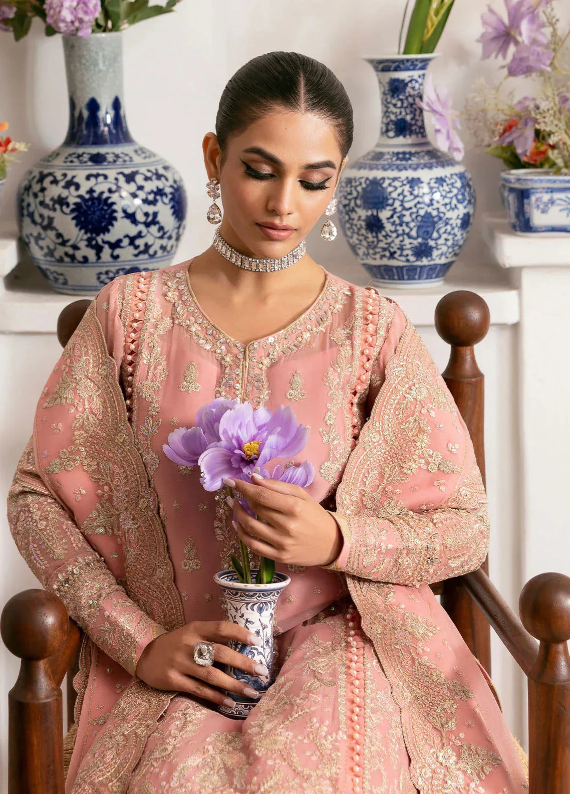 Gulaal Reverie Embroidered Chiffon Salmon Pink Raw Silk – view 3 – Poshaq
