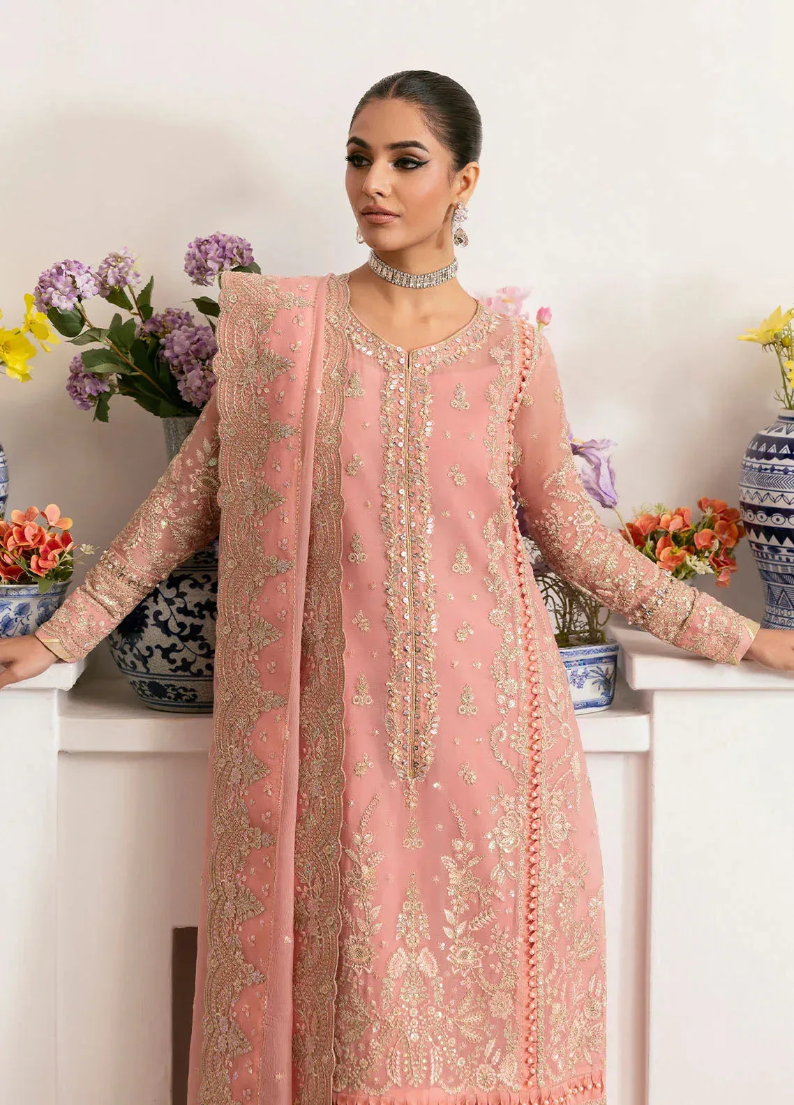 Gulaal Reverie Embroidered Chiffon Salmon Pink Raw Silk – view 4 – Poshaq