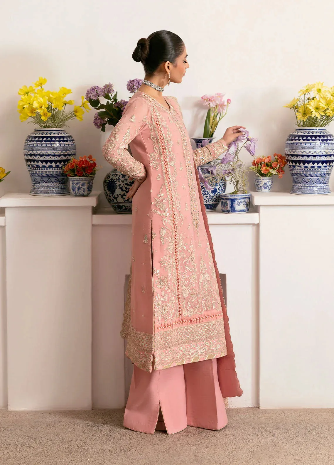 Gulaal Reverie Embroidered Chiffon Salmon Pink Raw Silk – view 5 – Poshaq