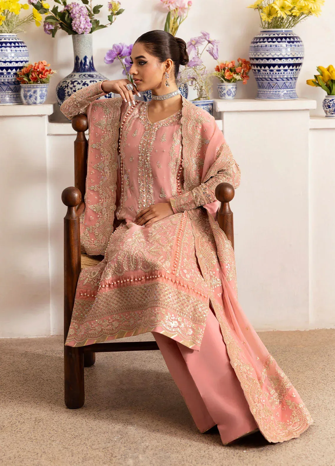 Gulaal Reverie Embroidered Chiffon Salmon Pink Raw Silk – view 6 – Poshaq