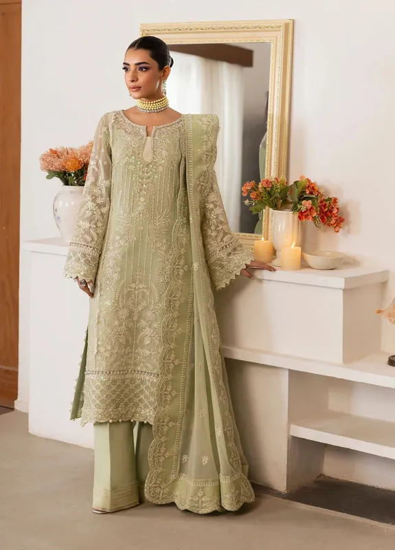 Gulaal Reverie Embroidered Chiffon Apple Green Raw Silk – view 1 – Poshaq