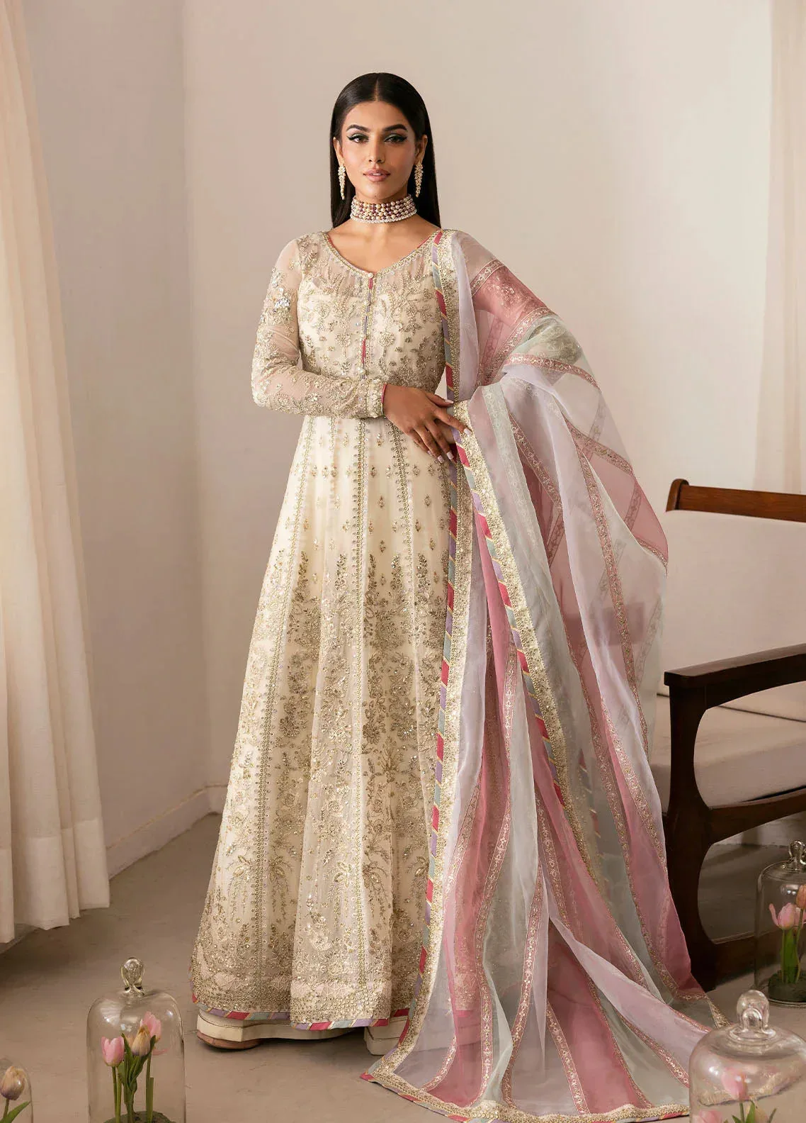 Gulaal Reverie Embroidered Chiffon Pale Yellow Raw Silk – view 1 – Poshaq