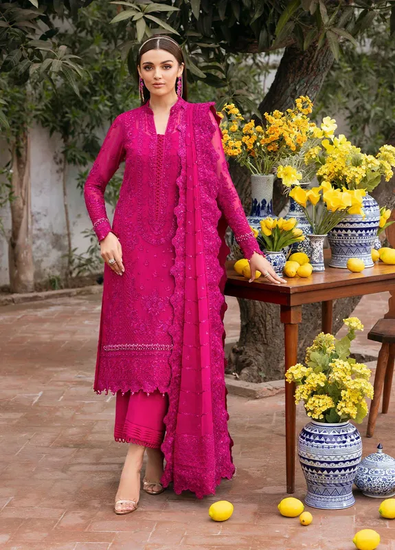Gulaal Reverie Embroidered Chiffon Magenta Raw Silk – view 1 – Poshaq