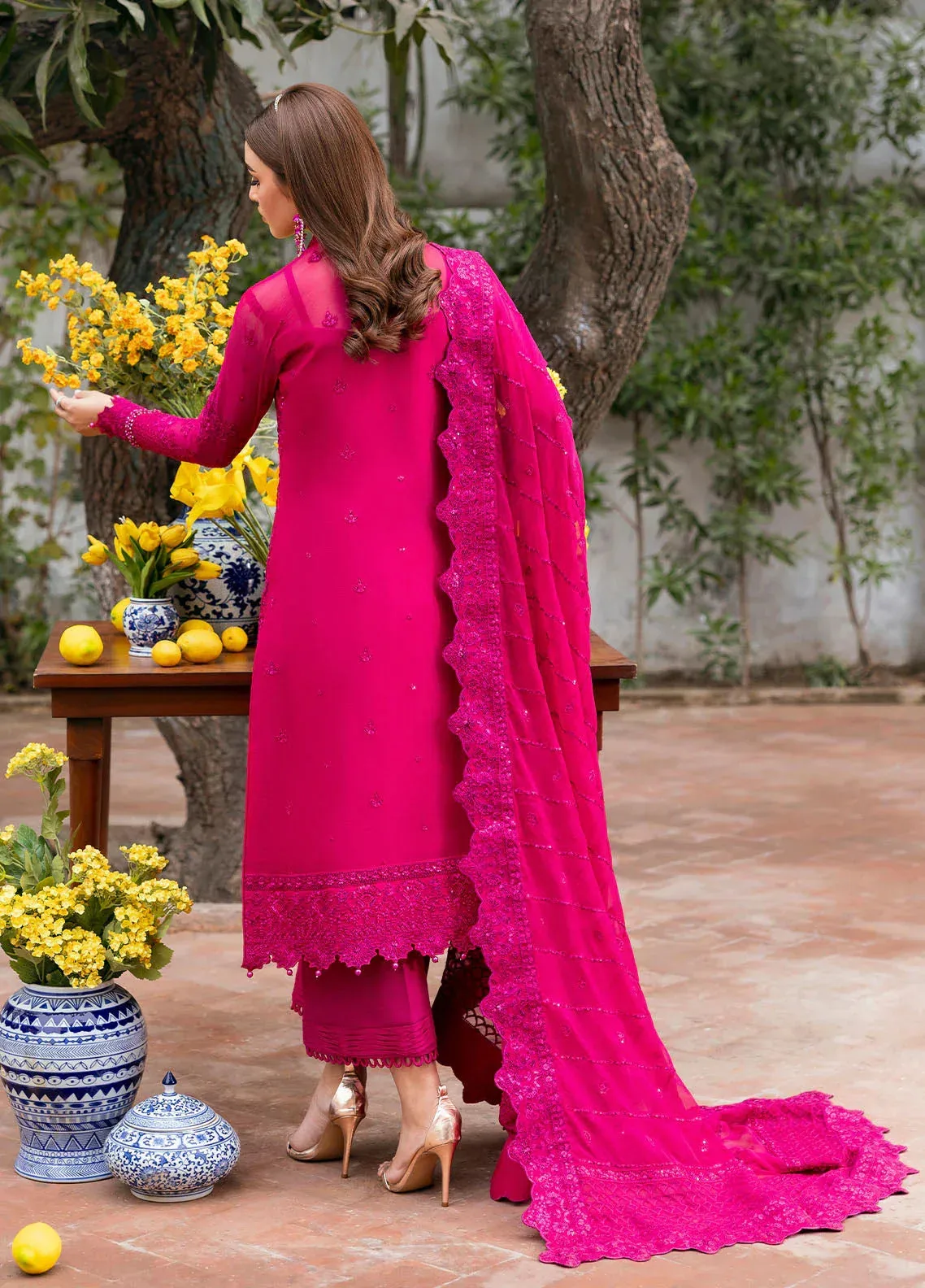Gulaal Reverie Embroidered Chiffon Magenta Raw Silk – view 2 – Poshaq