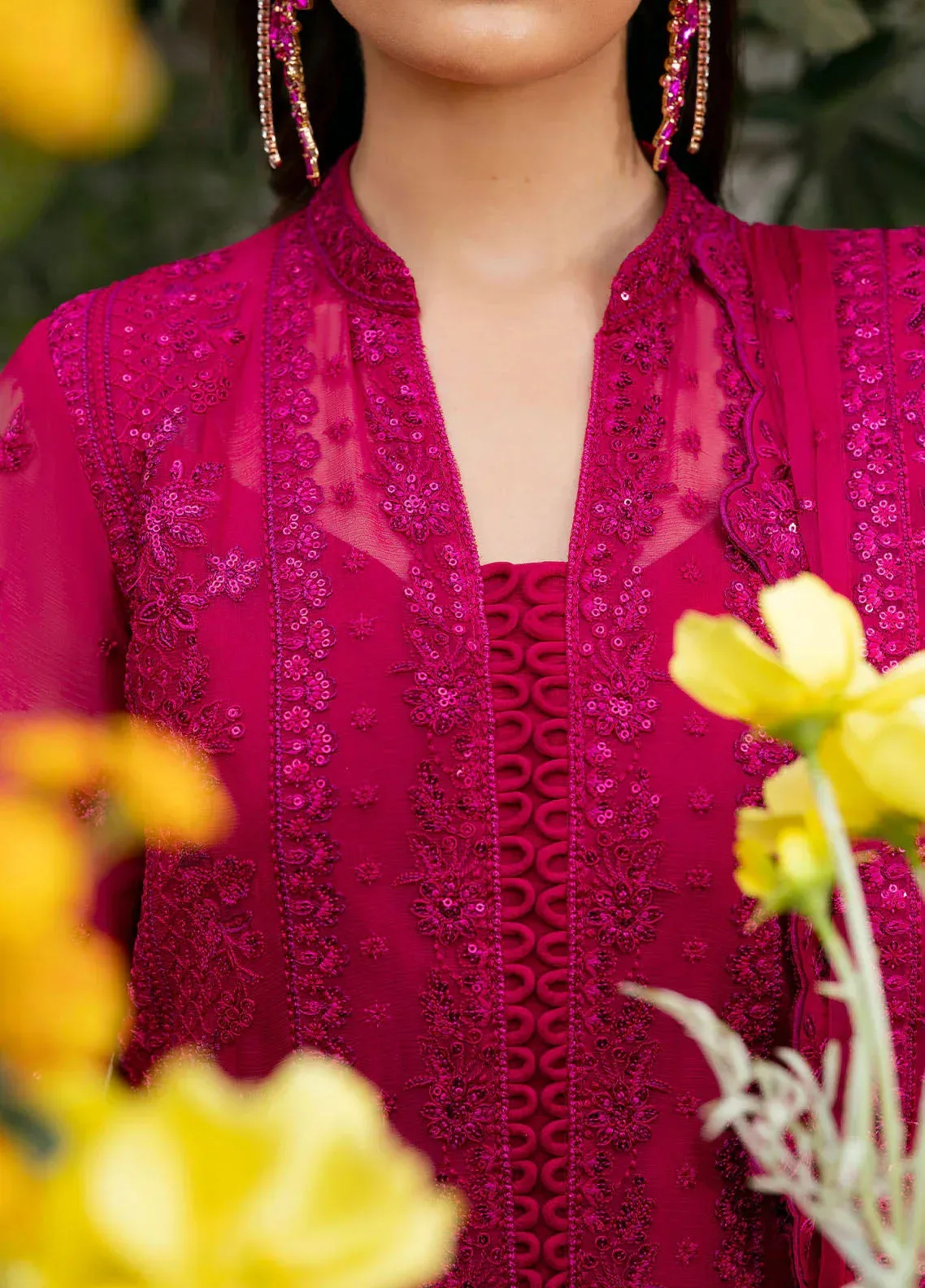 Gulaal Reverie Embroidered Chiffon Magenta Raw Silk – view 3 – Poshaq